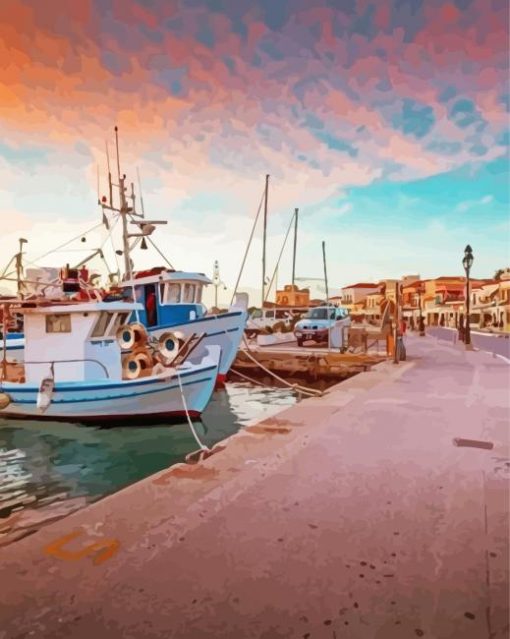 Aegina Port At Sunset Diamond Painting Art