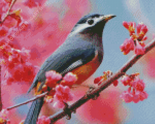 Aesthetic Bird And Pink Flowers Diamond Painting Art