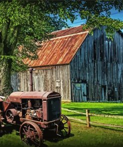 Aesthetic Old Tractor And Old Barn Diamond Painting Art