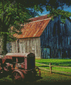 Aesthetic Old Tractor And Old Barn Diamond Painting Art
