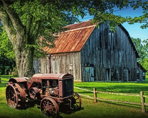 Aesthetic Old Tractor And Old Barn Diamond Painting Art