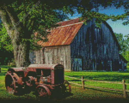 Aesthetic Old Tractor And Old Barn Diamond Painting Art