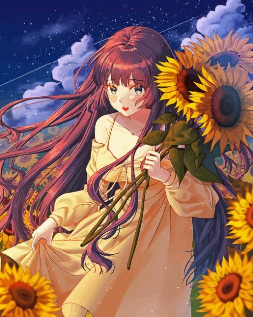 Aesthetic Sunflower Anime Girl Illustration Diamond Painting Art