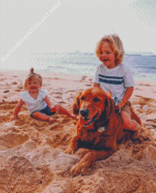 Kids On Beach With A Dog Diamond Painting Art