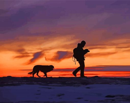 Man And Dog Silhouette In Nature Diamond Painting Art