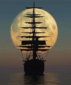 Sailing Ship Moon Silhouette Diamond Painting Art