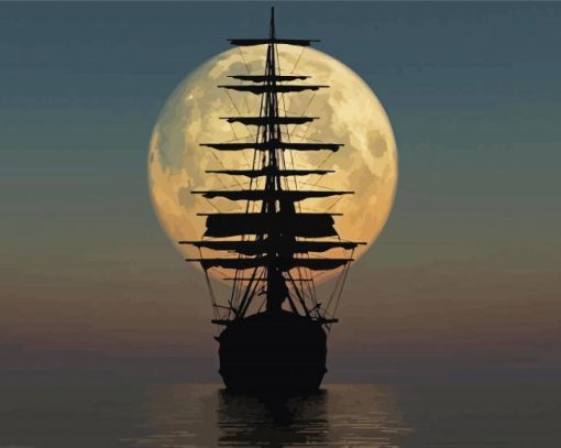 Sailing Ship Moon Silhouette Diamond Painting Art