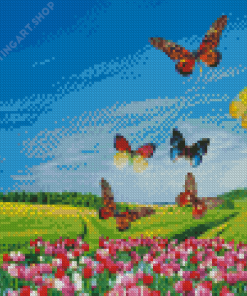 Aesthetic Flowers With Butterflies Diamond Painting Art