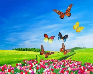 Aesthetic Flowers With Butterflies Diamond Painting Art