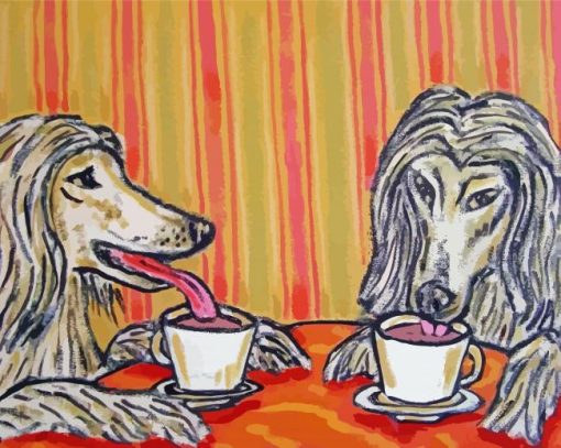 Afghan Hound Dogs Drinking Coffee Diamond Painting Art