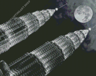 Black And White Twin Tower And Full Moon Diamond Painting Art