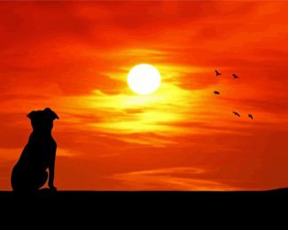 Dog Watching Sunset Silhouette Diamond Painting Art