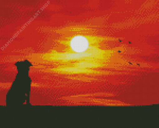 Dog Watching Sunset Silhouette Diamond Painting Art