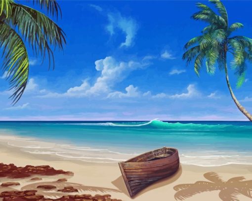 Paradise Beach With Row Boat Diamond Painting Art