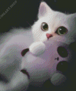 White Cute Large Fluffy Cartoon Cat Diamond Painting Art