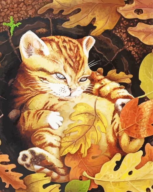 Fat Cat In Autumn Leaves Diamond Painting Art