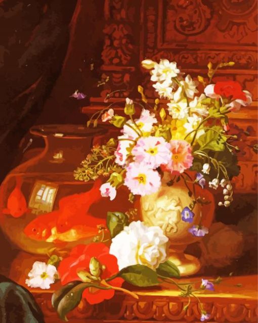 Flowers Vase And Goldfish Bowl Diamond Painting Art