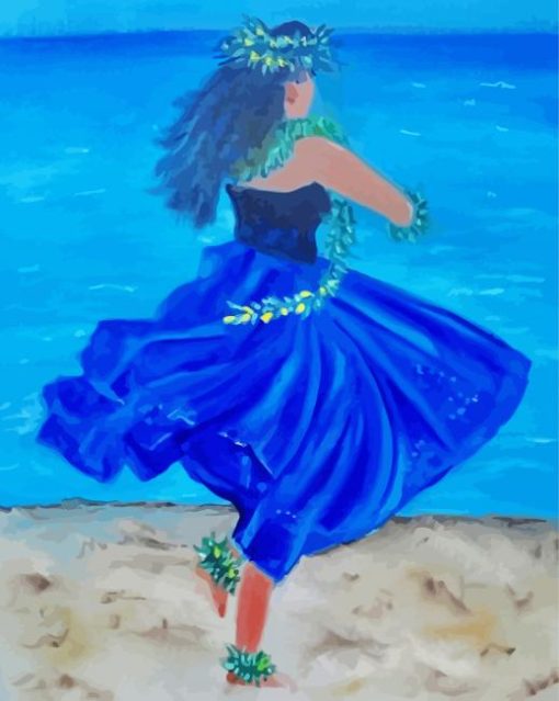 Hawaiian Girl On Beach In Blue Dress Diamond Painting Art