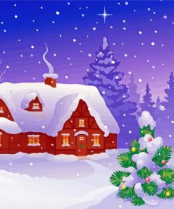 House In Frozen Forest Illustration Diamond Painting Art
