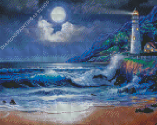 Lighthouse In Moonlight Diamond Painting Art