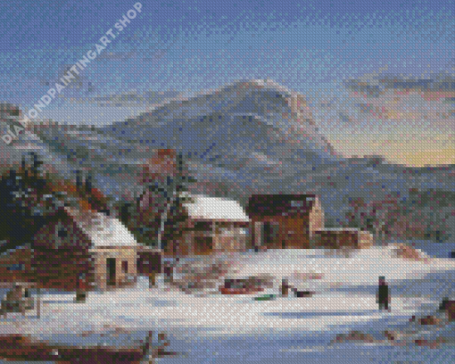 Mountains Farm Winter Scene Diamond Painting Art