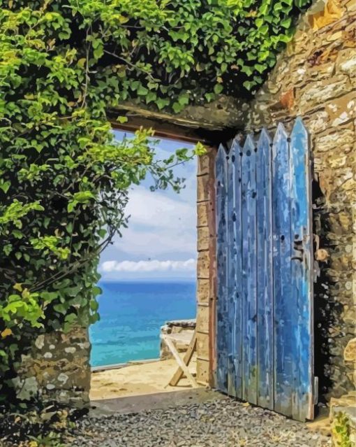 Old Blue Door To The Sea Diamond Painting Art