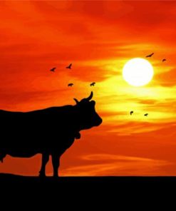 Silhouette Cow Sunset Diamond Painting Art