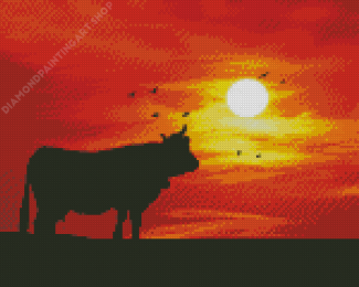 Silhouette Cow Sunset Diamond Painting Art