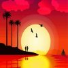 Sunset With A Boat Illustration Art Diamond Painting Art