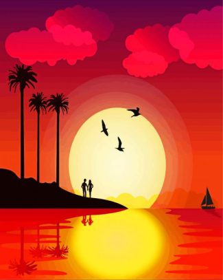 Sunset With A Boat Illustration Art Diamond Painting Art