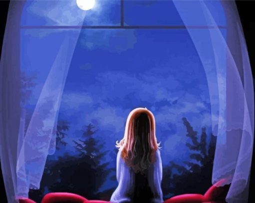 Young Girl Watching Moon Art Diamond Painting Art