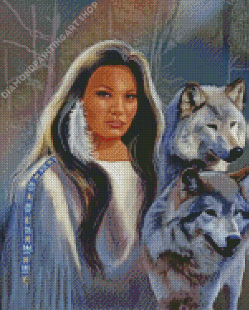 Young Indian Woman And Wolves Diamond Painting Art