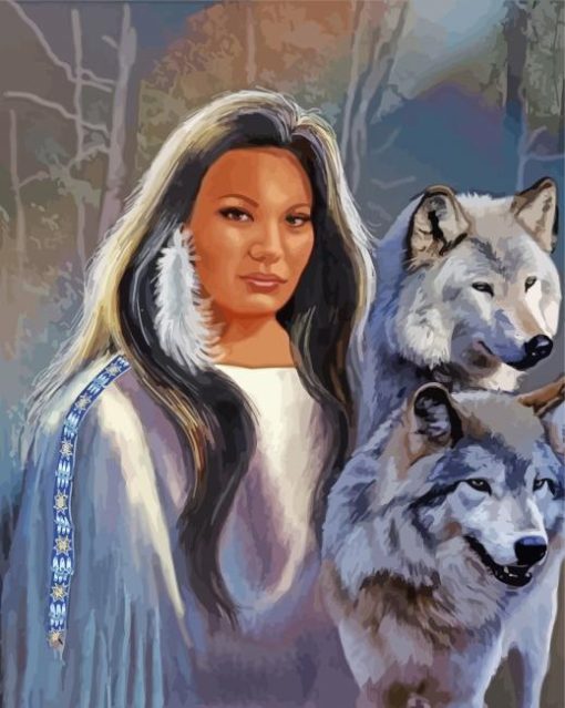 Young Indian Woman And Wolves Diamond Painting Art