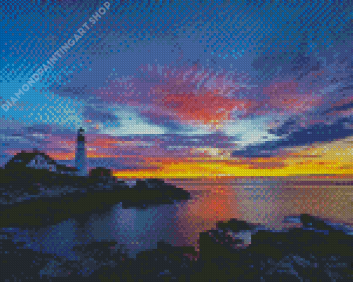 beautiful Portland Lighthouse Sunset View Diamond Painting Art