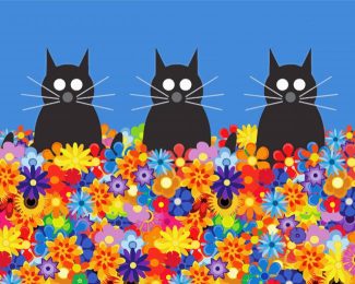 Black Cats And Flowers Illustration Diamond Painting Art