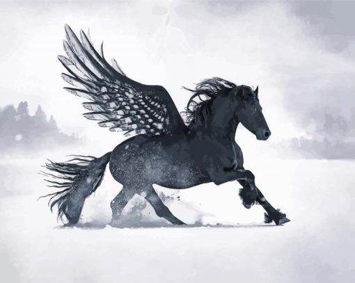 Black Winged Horse In Snow Diamond Painting Art