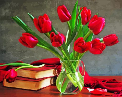 Red Tulip Flower Vase Diamond Painting Art