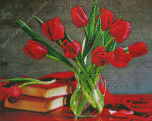 Red Tulip Flower Vase Diamond Painting Art