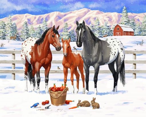 Snowy Ranch And Horses Diamond Painting Art