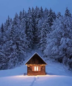 Wooden House In Frozen Forest Diamond Painting Art