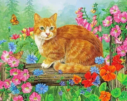 Yellow Cat In Garden Diamond Painting Art