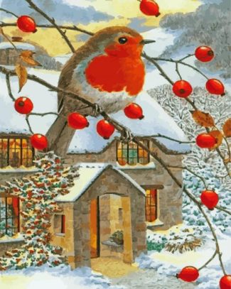 Christmas Robin On Tree Diamond Painting Art