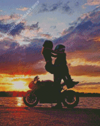 Couple On Motorbike Sunset Diamond Painting Art