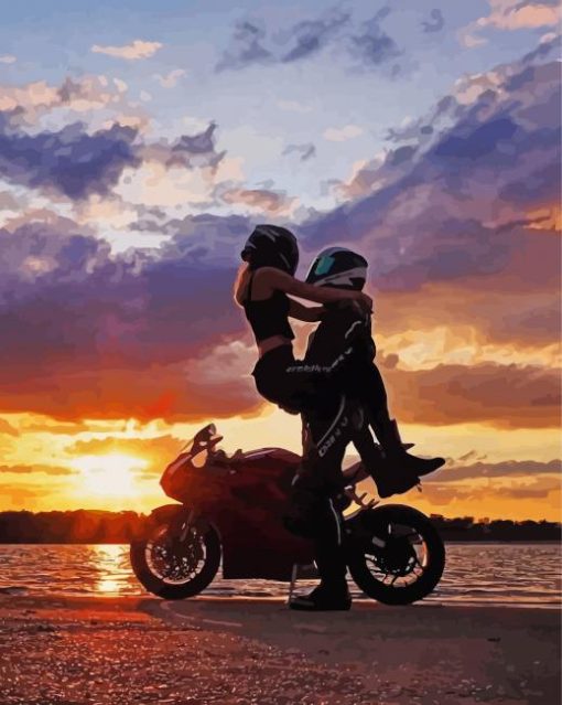 Couple On Motorbike Sunset Diamond Painting Art