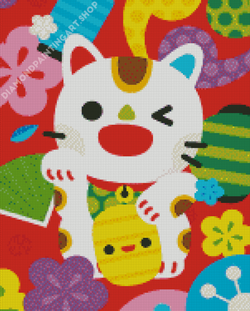 Illustration Maneki Neko Cat Diamond Painting Art