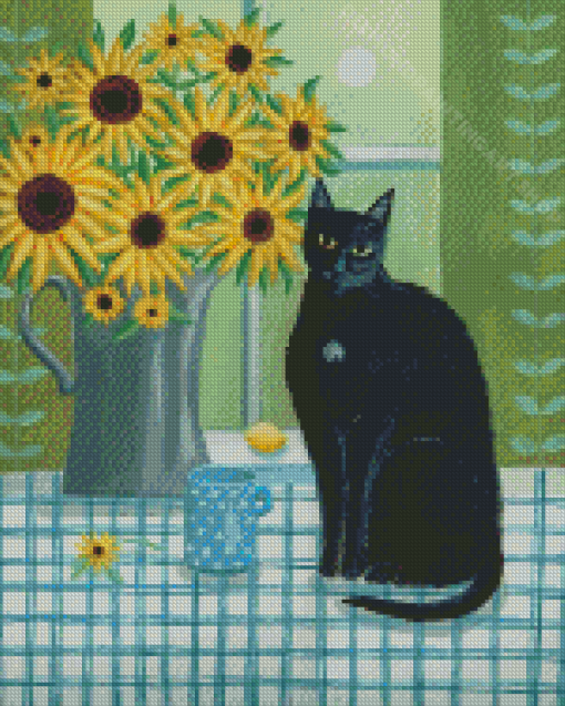 Black Cat And Sunflowers Vase Diamond Painting Art