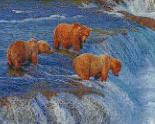 Bears Fishing In River Diamond Painting Art