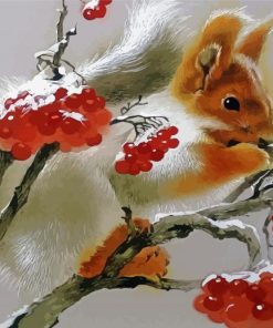 Squirrel Eating Snowy Rowan Diamond Painting Art