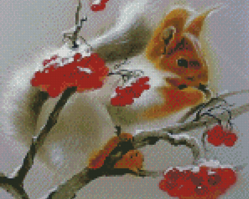 Squirrel Eating Snowy Rowan Diamond Painting Art