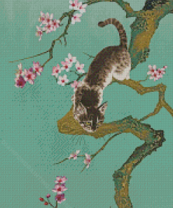 Cat In Cherry Tree Diamond Painting Art